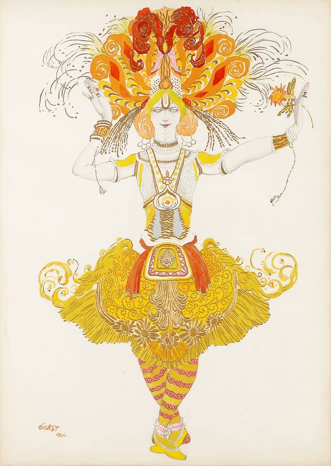 Phác thảo phục trang Chim lửa của Léon Bakst, màu nước và vàng kim