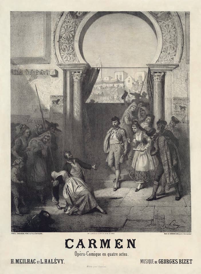 Áp phích in đá buổi ra mắt opera Carmen năm 1875 tại Opéra-Comique, Paris